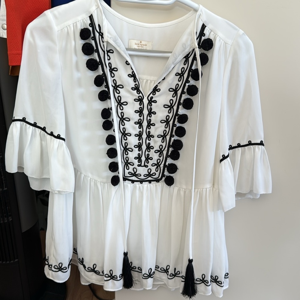 Kate Spade White Top with Black Embroidery